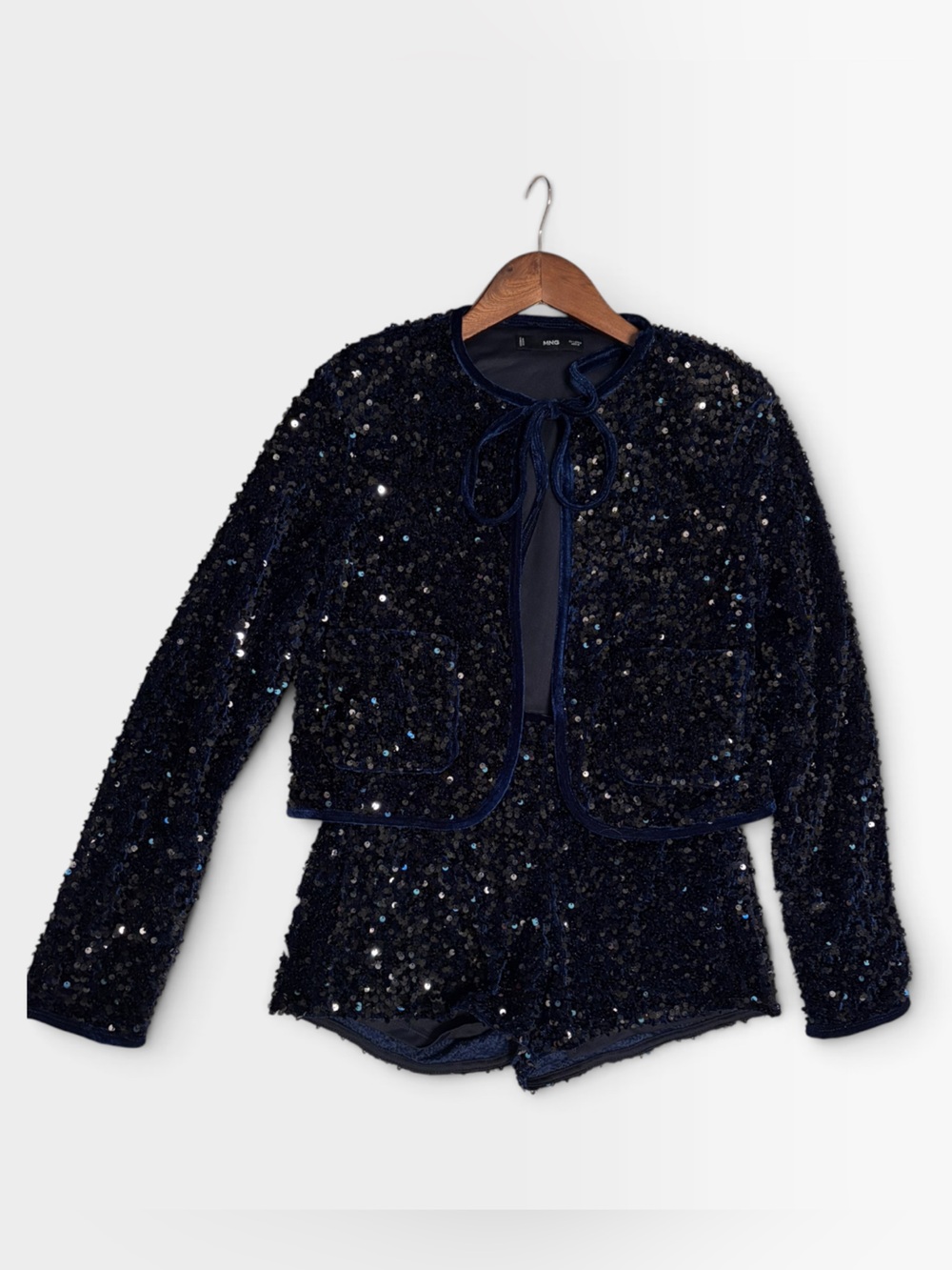 Mango Navy Sequin 2 Piece Set Crop Tie Jacket Medium & Shorts Small Party